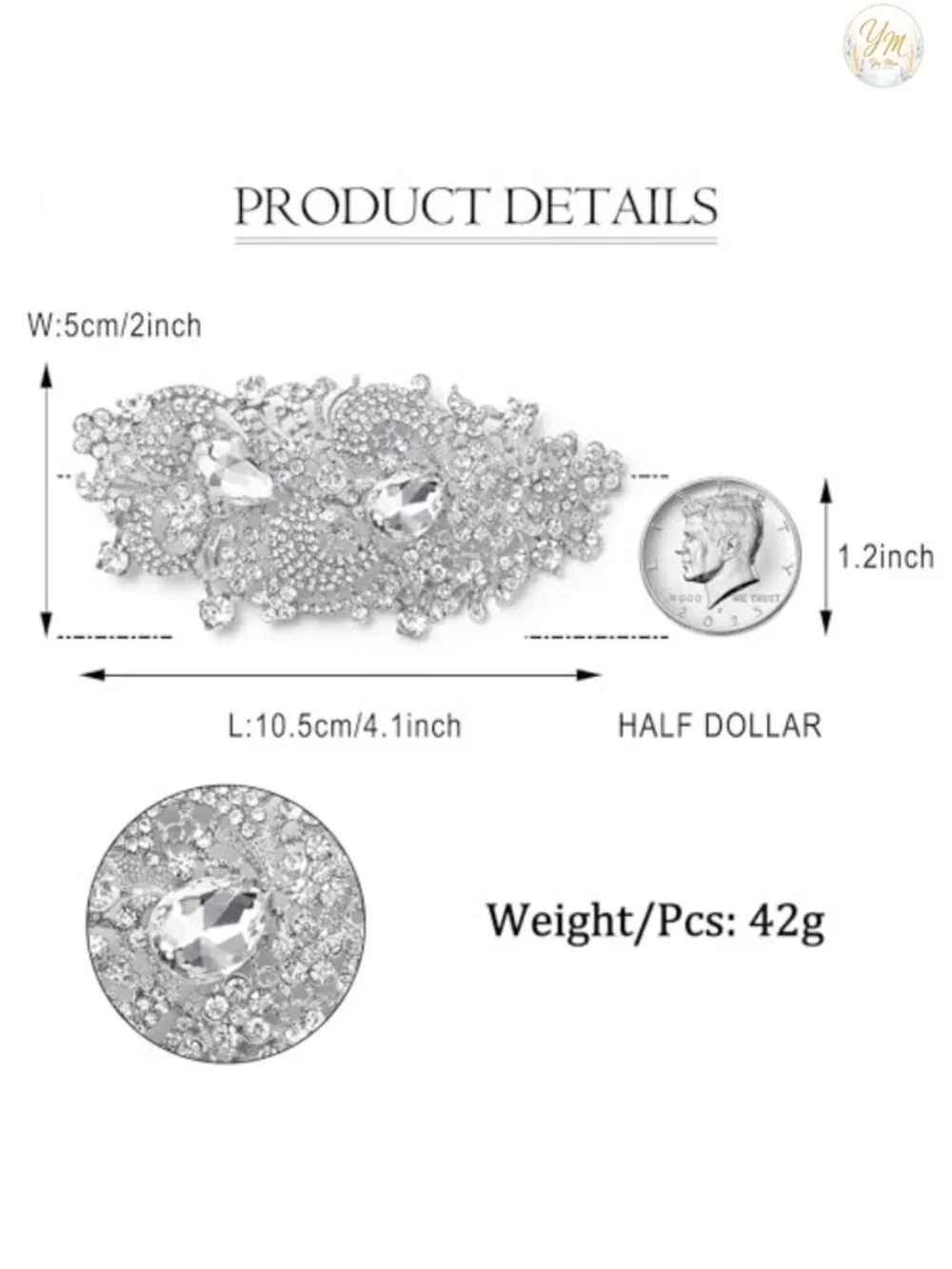 Crystal Flower Wedding Brooch Pin 4.1 Inch Alloy Formal Gown Accessory